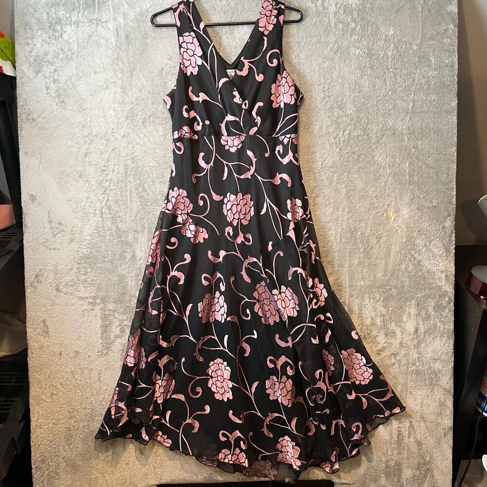 Vintage Y2K Black Pink Floral‎ Ruffle Hem Dress Cottagecore Coquette Sz 14